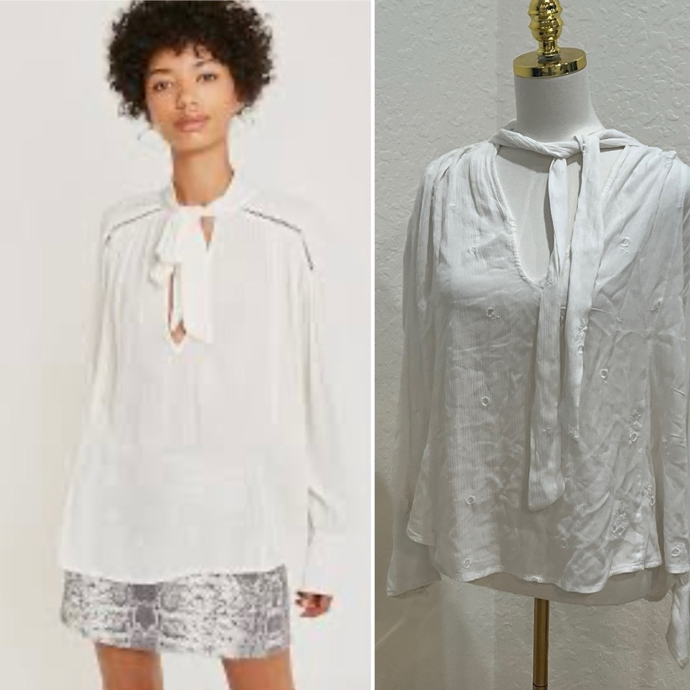 Free People White Tie-Neck Peasant Blouse